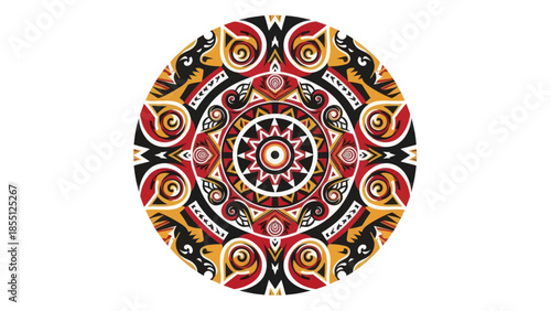 Tribal Mandala Pattern Art, Ethnic Circular Ornament, Red Yellow Black