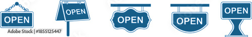 Open sign collection, business signage, shop display, retail entrance, store welcome, commercial design, hanging signs, open message, storefront decor, marketing visual