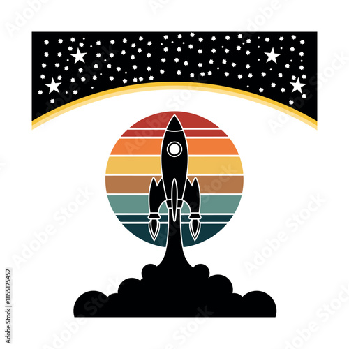 Retro Space Rocket Launch Silhouette against Vintage Sunset Circle and Starry Sky Background
