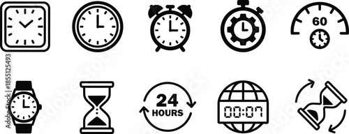 Time icons, clock symbols, stopwatch, hourglass, wristwatch, alarm clock, countdown, 24 hours, global time, speed gauge, time concept