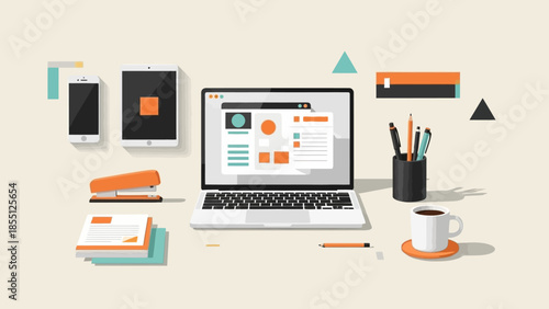 Laptop Computer with Office Supplies Nearby.