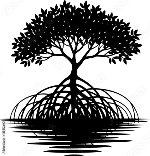 Mangrove Tree with Exposed Roots silhouette vector illustration