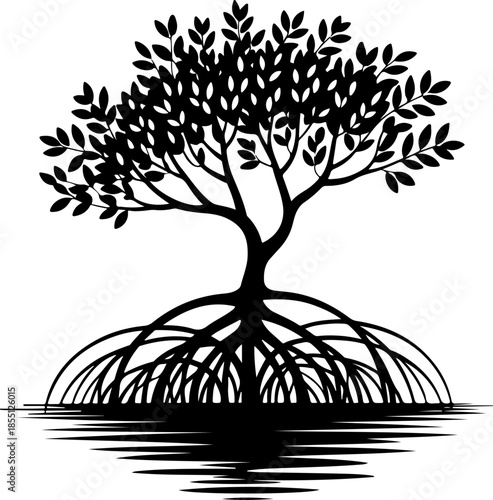 Mangrove Tree with Exposed Roots silhouette vector illustration