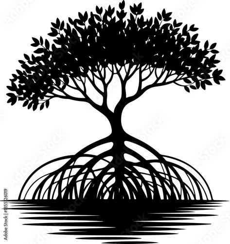 Mangrove Tree with Exposed Roots silhouette vector illustration