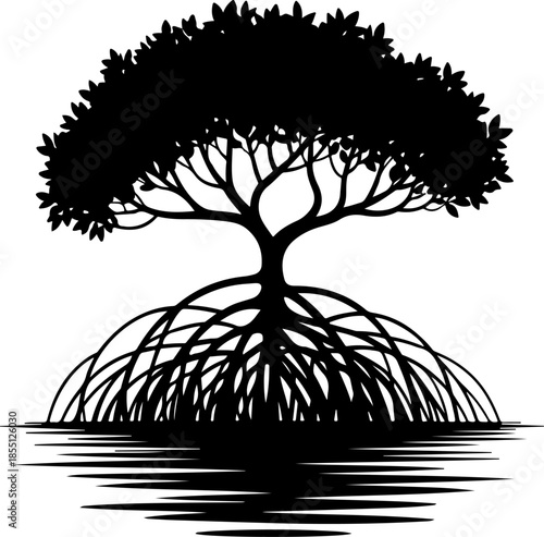 Mangrove Tree with Exposed Roots silhouette vector illustration