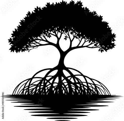 Mangrove Tree with Exposed Roots silhouette vector illustration
