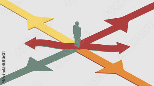 Man Standing at Crossroads with Arrows.