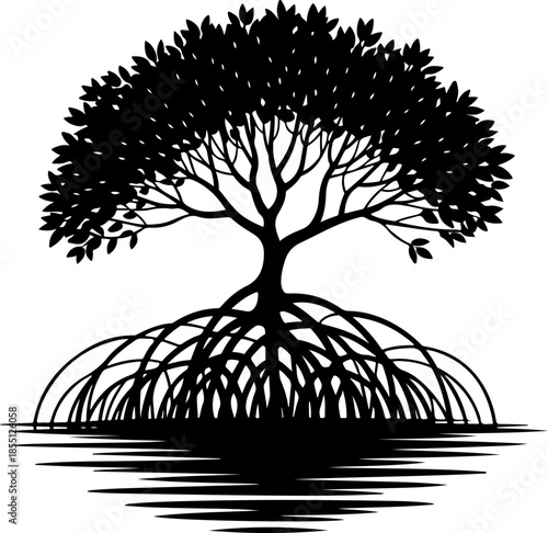 Mangrove Tree with Exposed Roots silhouette vector illustration