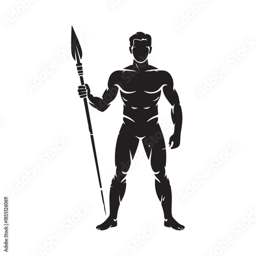 Silhouette of a muscular warrior holding a spear a powerful ancient figure