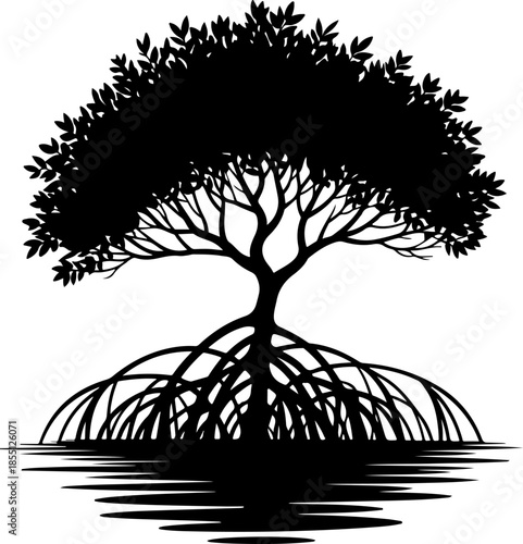 Mangrove Tree with Exposed Roots silhouette vector illustration