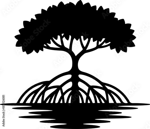 Mangrove Tree with Exposed Roots silhouette vector illustration