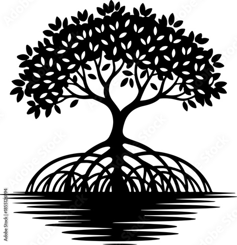 Mangrove Tree with Exposed Roots silhouette vector illustration