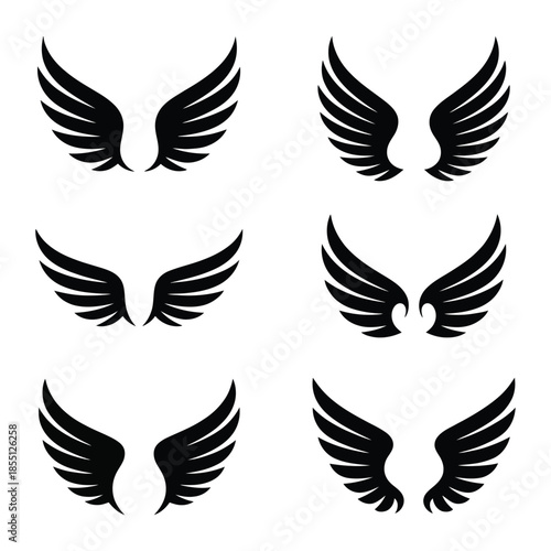 Collection of Black Wings Illustrations in Various Styles on Transparent Background Symbolizing Freedom and Inspiration for Graphic and Logo Designs