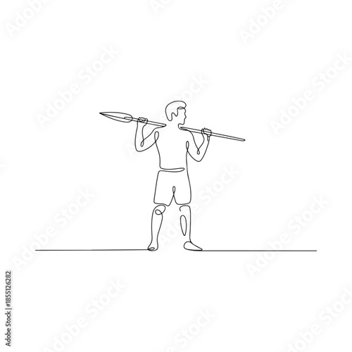 A single line drawing of a man carrying two oars on his shoulders