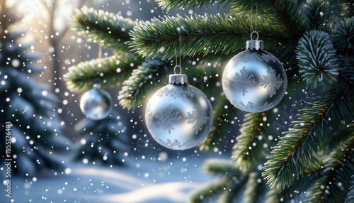 New Year's card with Christmas balls on the tree.