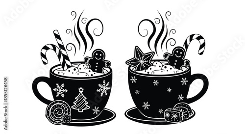 Festive hot cocoa mugs with gingerbread and holiday treats in black and white