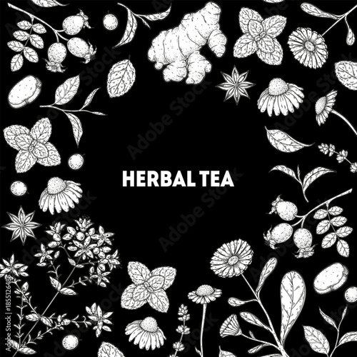 Herbal Tea vector drawing illustration. Herbal tea ingredients. Healthy food and drink . Vector drawing sketch collection. Engraved style.
