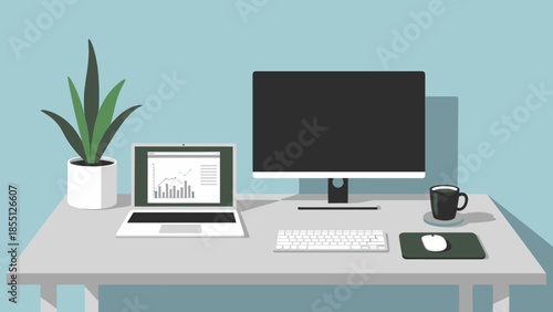 Modern Office Desk with Computer and Accessories.