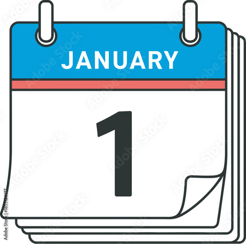 New Year calendar page January 1st on desk or wall with blue and white design and black text for business or personal planning and organization