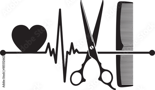 Hairdresser heartbeat line with scissors and comb, salon professional tool vector illustration