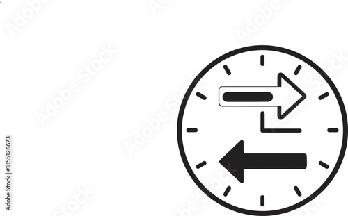 Clock face with opposing arrows indicating conflicting directions and time management concept in simple black and white design