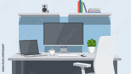 Modern Office Desk with Computer Monitor.