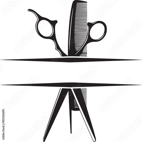 Hair salon frame with scissors and comb, barber shop split monogram vector illustration