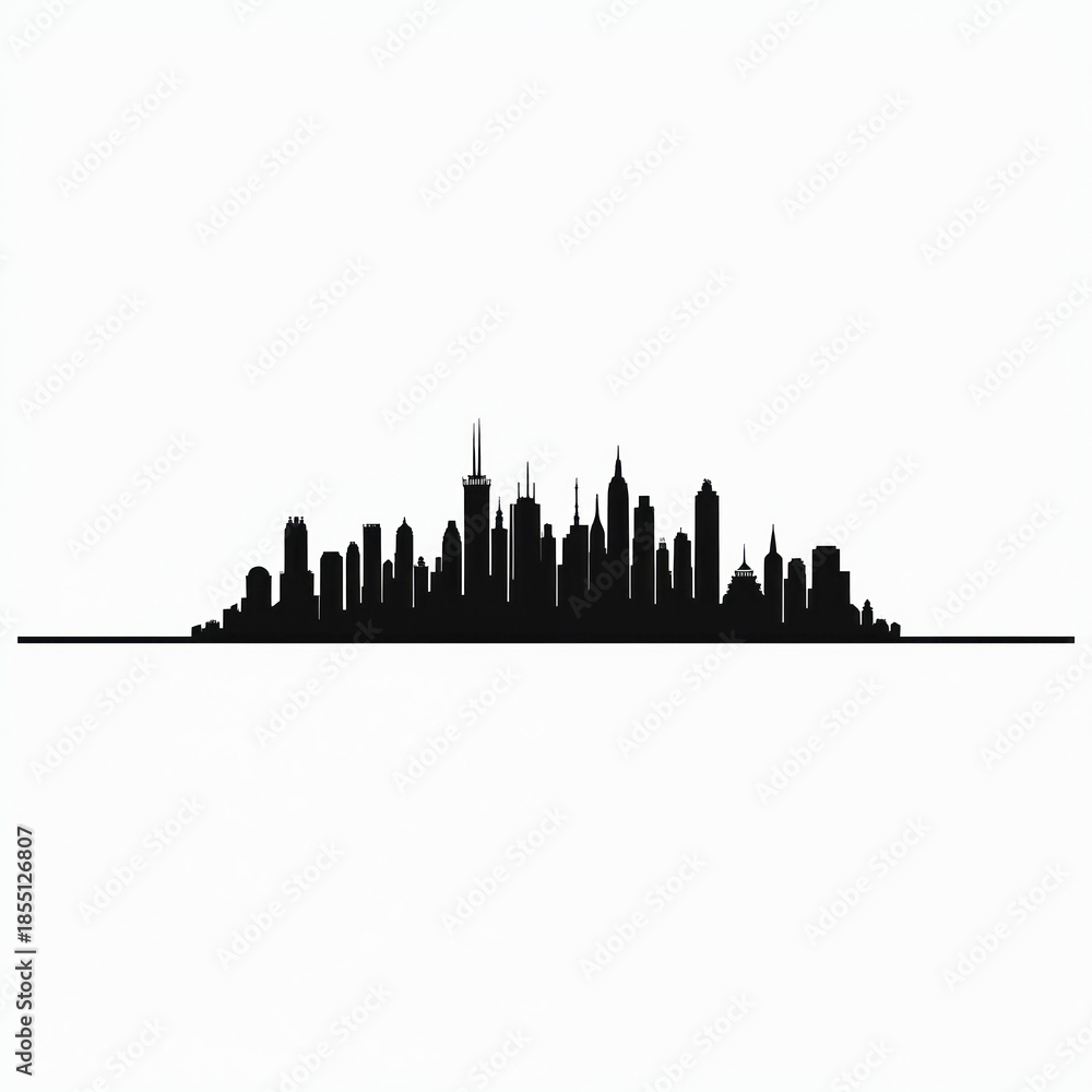 Obraz premium Black silhouette of urban city skyline with tall buildings and skyscrapers against white background. Modern architectural shapes form a cityscape.