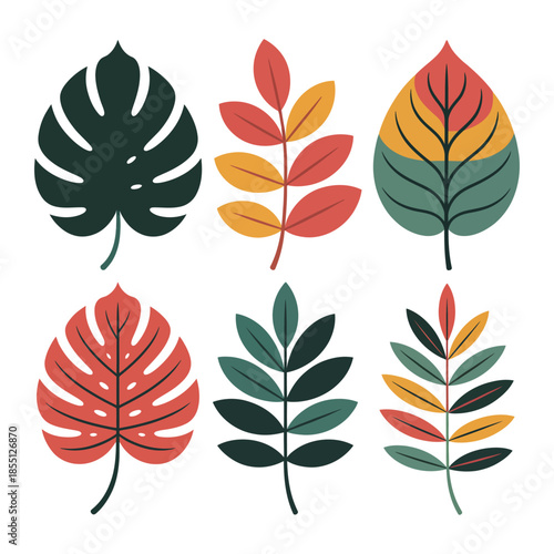 Collection of Six Abstract Leaves Fall Foliage in Retro Style Autumnal Designs Botanical Elements Decorative Patterns with Monstera Red and Green Shades Flat Vector