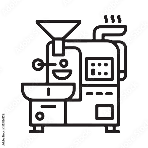Line art illustration of a coffee machine with a cheerful character design
