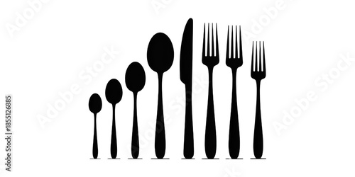 Minimalist black white silhouette cutlery set, horizontal layout, spoons knife forks in size gradient, clean sharp lines, high contrast, modern graphic style. Transparent background.