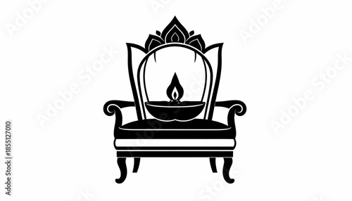Elegant Diwali Decoration: Lit Diya on Ornate Chair Illustration.