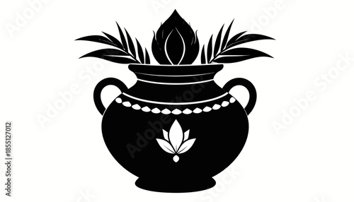 Auspicious traditional pot with coconut and leaves in black and white.