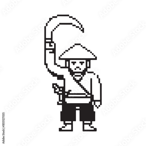 Pixel art depiction of a traditionally dressed asian farmer with a sickle