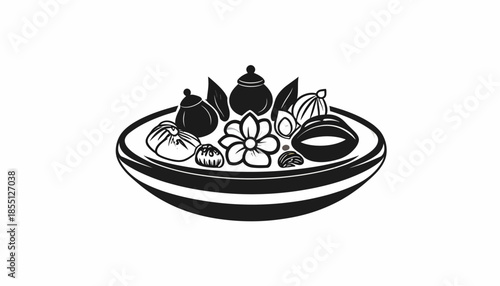 Monochrome illustration of a bowl with various food items and a flower arrangement.