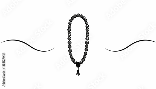 Elegant black prayer beads illustration with decorative flourishes on white background.