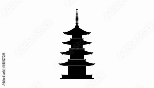 Silhouette of a traditional Japanese pagoda on a white background.