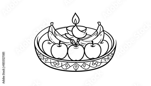 Outline illustration of a fruit bowl with bananas, apples and a candle.