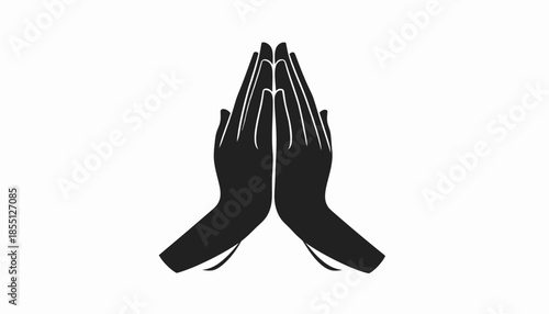 Black and white vector illustration of praying hands on white background.