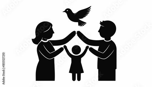 Family protection and peace concept with parents, child, and dove illustration.