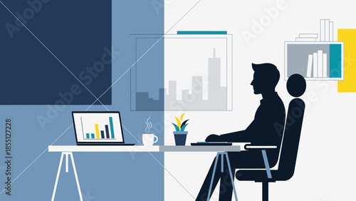 Silhouetted Business Professionals Working on Laptop.