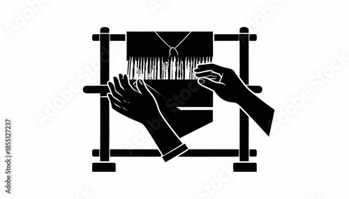 Illustration of hands weaving fabric on a loom, showcasing the craft of textile production.
