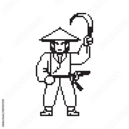 Simple black and white illustration of a farmer with a traditional conical hat