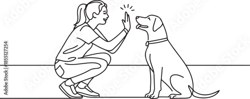 One line drawing of young happy woman squat then giving high five gesture to his dog at outfield park as friendship symbol. Pet care concept. one line Icon drawing