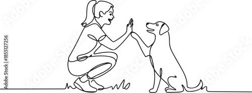One line drawing of young happy woman squat then giving high five gesture to his dog at outfield park as friendship symbol. Pet care concept. one line Icon drawing