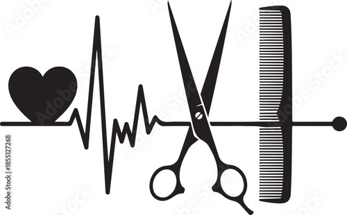 Heartbeat line with heart scissors and comb representing passion for hairstyling profession