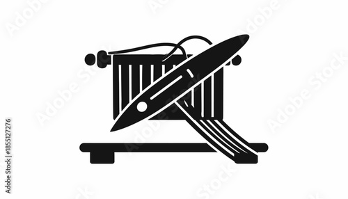 Black silhouette of a hand weaving loom with shuttle and thread.