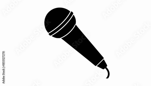 Black and white illustration of a microphone on a white background.