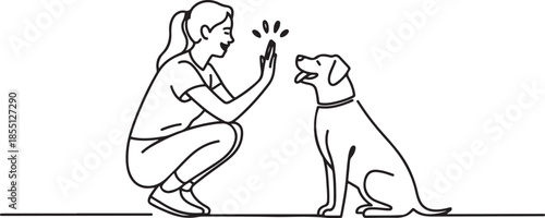 One line drawing of young happy woman squat then giving high five gesture to his dog at outfield park as friendship symbol. Pet care concept. one line Icon drawing