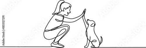 One line drawing of young happy woman squat then giving high five gesture to his dog at outfield park as friendship symbol. Pet care concept. one line Icon drawing